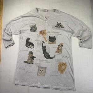 VTG Painted Lady Cat SLEEP TEE Shirt Graphic Henley Gray Women Long Sleeve USA